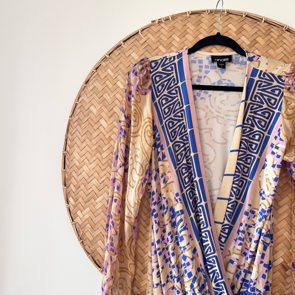 ANALILI 100% SILK  FAUX WRAP DRESS SHEER CUFF SLEEVES BOHO LAGEN-LOOK RESORTWEAR - Picture 4 of 12